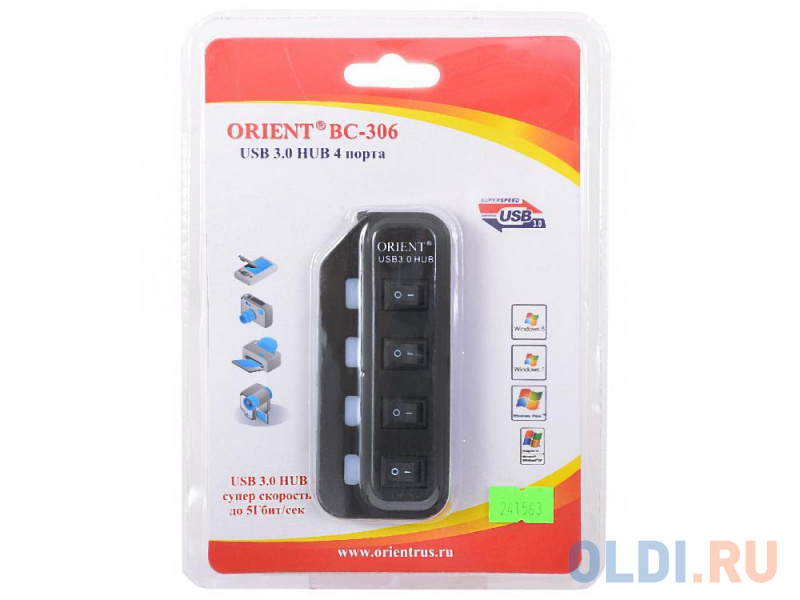 

Концентратор USB 3.0 Orient BC-306 (4 Port, черный, с выключателями)