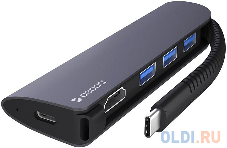 Deppa USB Type-C хаб, HDMI, Power Delivery, 3 x USB 3.0, встроенный кабель, графит, цвет черный, размер 125 х 39 х 15 мм
