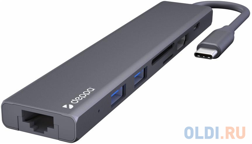 Deppa USB Type-C хаб 7-в-1, HDMI, Power Delivery, 2xUSB 3.0, RJ45, microSD/SD, графит, цвет черный, размер 108 х 27 х 10 мм