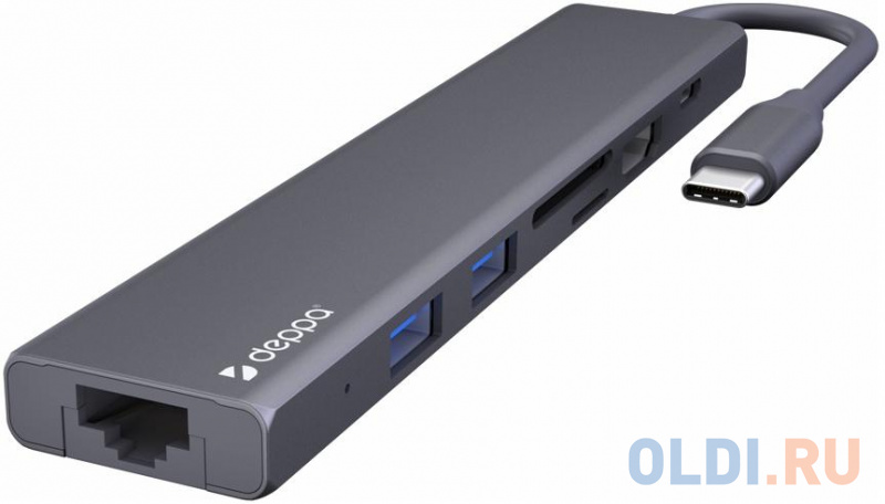 

Deppa USB Type-C хаб 7-в-1, HDMI, Power Delivery, 2xUSB 3.0, RJ45, microSD/SD, графит