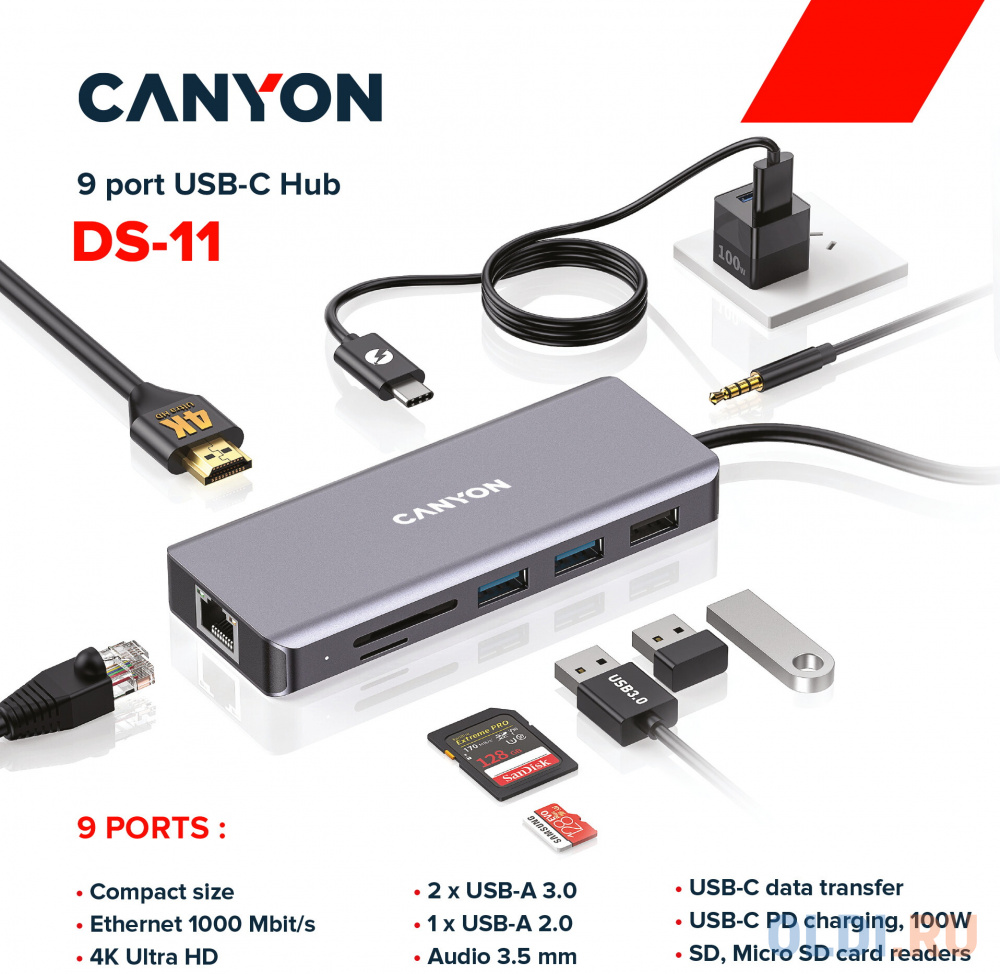 Концентратор USB Type-C Canyon CNS-TDS11 1 х USB 2.0 2 х USB 3.0 USB Type-C RJ-45 HDMI microSD 3.5мм miniJack серый фото