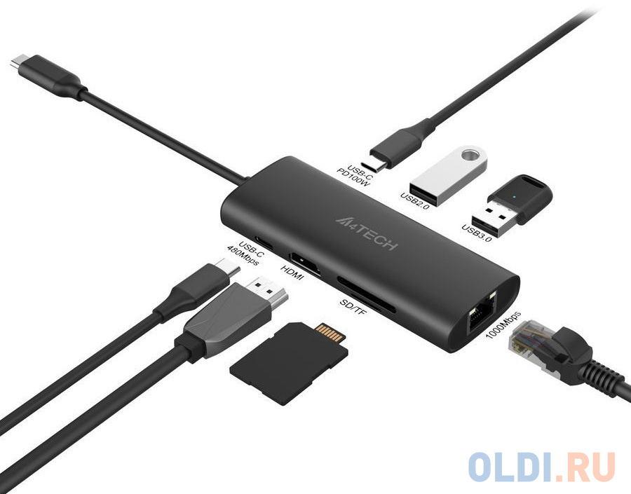 Разветвитель USB Type-C A4TECH DST-80C 2 х USB 2.0 RJ-45 HDMI USB Type-C SD серый, размер 105х16х40 мм - фото 1