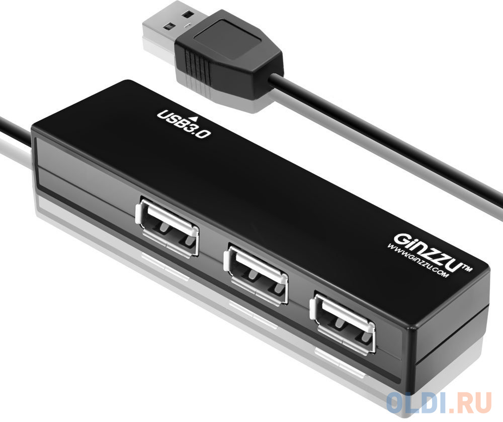 Концентратор GINZZU GR-334UB 4-х портовый  USB 3.0/2.0 концентратор - 1 порт USB 3.0 + 3 порта USB 2.0, интерфейсный кабель USB3.0 - 30 см, черный концентратор usb 2 0 ginzzu gr 487ub 7 портов