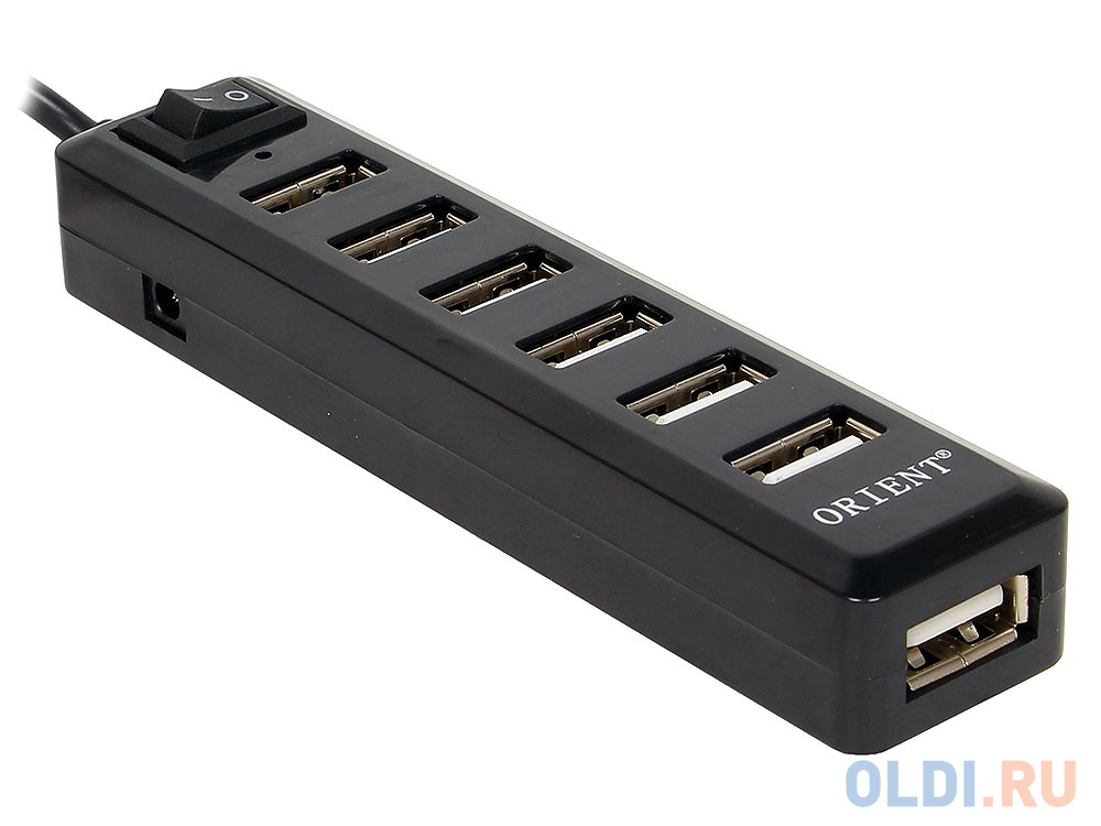 Концентратор USB 2.0 ORIENT KE-720, USB 2.0 HUB 7 Ports, c блоком питания-зарядником 1xUSB (5В, 1А), выключатель, мини корпус, черный