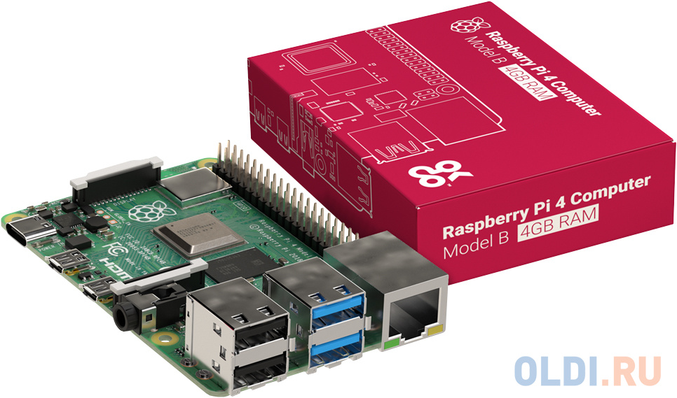 Raspberry Pi 4 Model B (RA545) Retail, 4GB RAM, Broadcom BCM2711 Quad core Cortex-A72 (ARM v8) 64-bit SoC @ 1.5GHz CPU, WiFi, Bluetooth, 40-pin GPIO, фото
