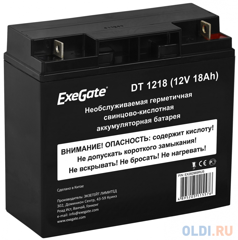 Exegate EX282969RUS Аккумуляторная батарея ExeGate DT 1218 (12V 18Ah), клеммы под болт М5 exegate ex285953rus аккумуляторная батарея hr1234w 12v 9ah клеммы f2