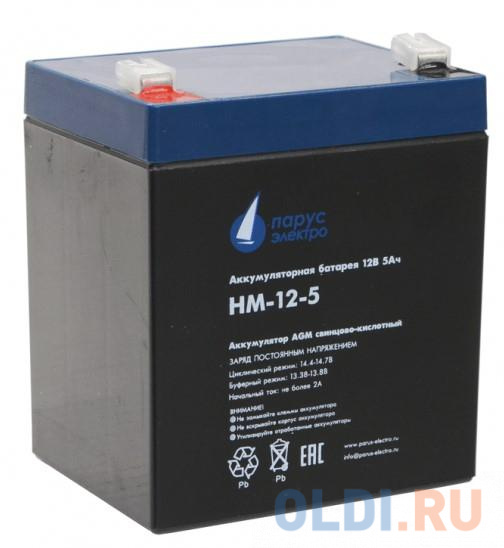 Парус-электро Аккумуляторная батарея для ИБП  HM-12-5 (AGM/12В/5Ач/клемма F2), 90х70х101мм парус электро аккумуляторная батарея для ибп hm 12 12 agm 12в 12 0ач клемма f2