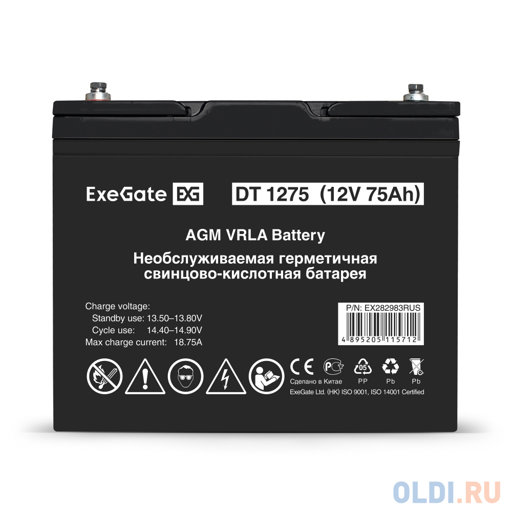 Exegate EX282983RUS Аккумуляторная батарея DT 1275 (12V 75Ah, под болт М6) - фото 2