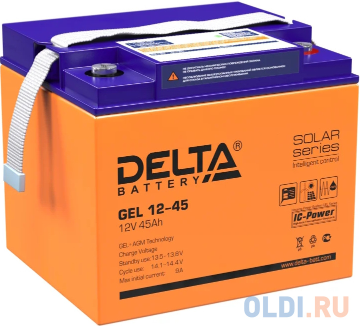 Delta GEL 12-45 (12V/45Ач) свинцово- кислотный аккумулятор delta gel 12 45 12v 45ач свинцово кислотный аккумулятор