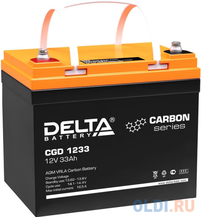 Аккумуляторная батарея Delta CGD 1233 12В/33Ач, клемма Болт М6 (197х130х159мм (163мм); 11,2кг; Срок службы 15лет; Гарант - фото 1