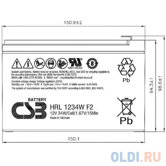 

Батарея для ИБП CSB HRL1234W 12В 34Ач