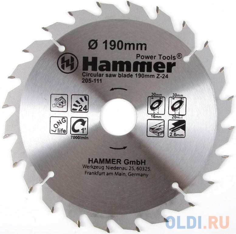 

Диск пильный Hammer Flex 205-111 CSB WD 190мм*24*30/20/16мм по дереву
