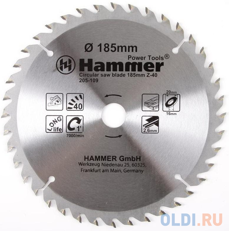 

Диск пильный Hammer Flex 205-109 CSB WD 185мм*40*20/16мм по дереву