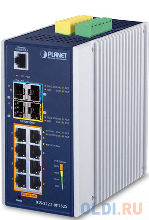 

коммутатор/ PLANET IP30 Industrial L2+/L4 8-Port 1000T 802.3at PoE+ 2-port 100/1000X SFP + 2-port 10G SFP+ Full Managed Switch (-40 to 75 C, dual redu