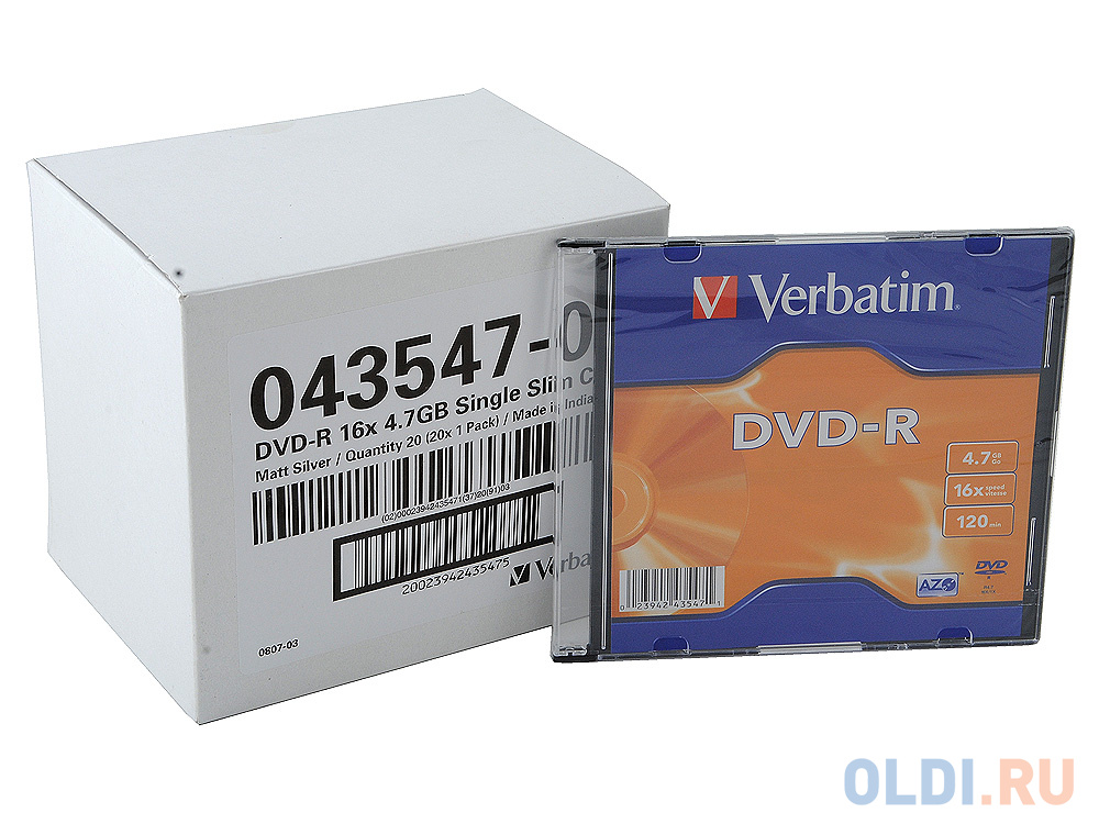 Диски DVD-R Verbatim 16x 4.7Gb SlimCase 20шт