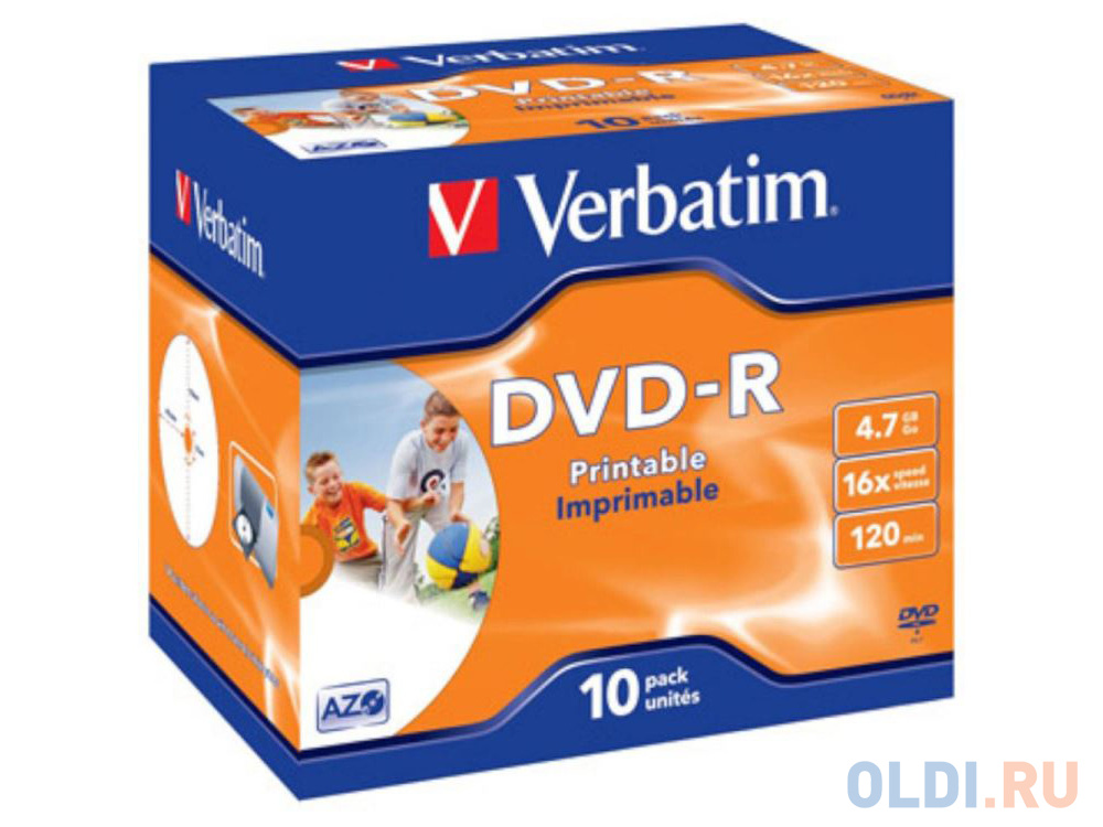 Диски DVD-R 16x 4.7Gb Jewel 10шт Printable Verbatim 43521