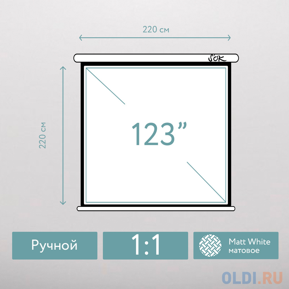 Экран для проектора S'OK SCPSW-220x220 123'' 1:1 настенно-потолочный, ручной, матовый, белый - фото 2