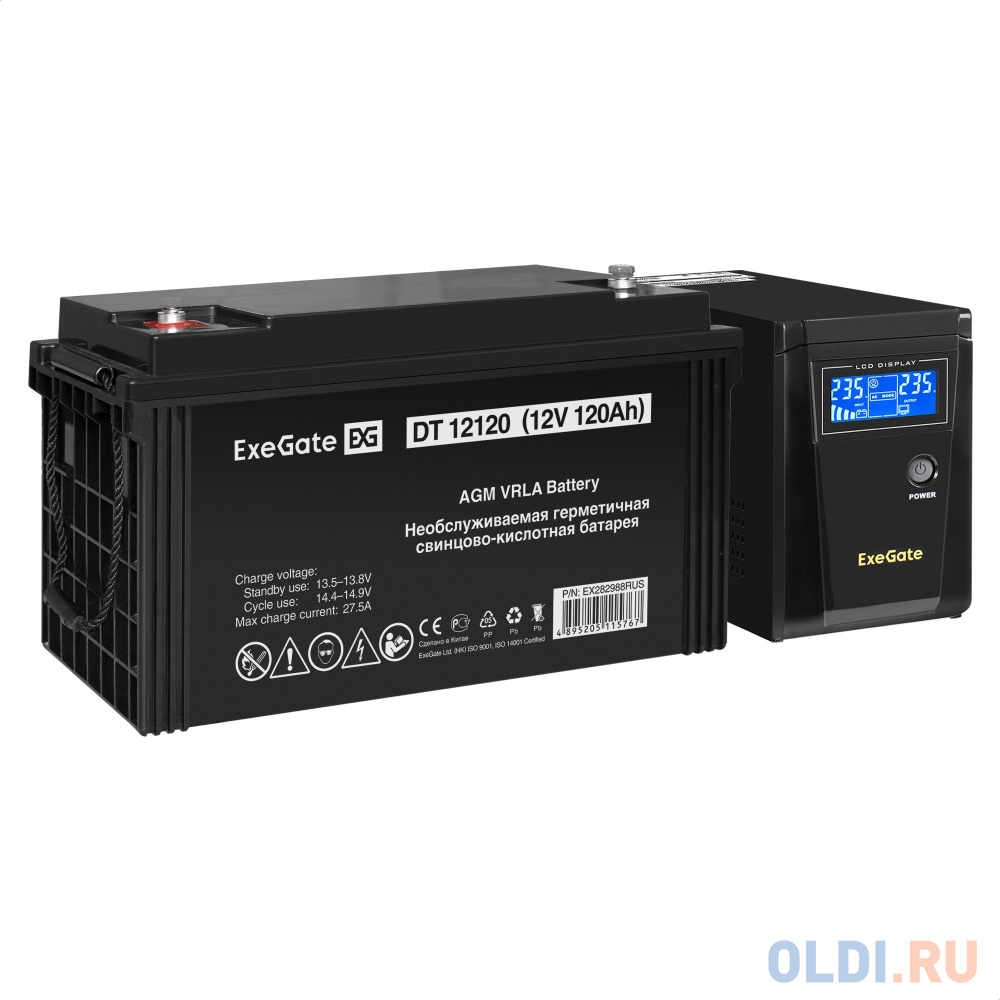 Комплект ИБП EX295986RUS + батарея 120Aч EX282988RUS 1шт (инвертор, синус, для котла) ExeGate SineTower SZ-600.LCD.AVR.1SH <600VA/360W, чистый сину EX296783RUS - фото 1
