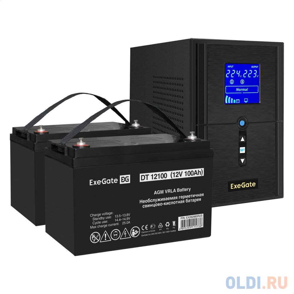 Комплект ИБП EX295987RUS + батарея 100Aч EX282985RUS 2шт (инвертор, синус, для котла) ExeGate SineTower SZ-1000.LCD.AVR.2SH.1C13.USB <1000VA/800W,