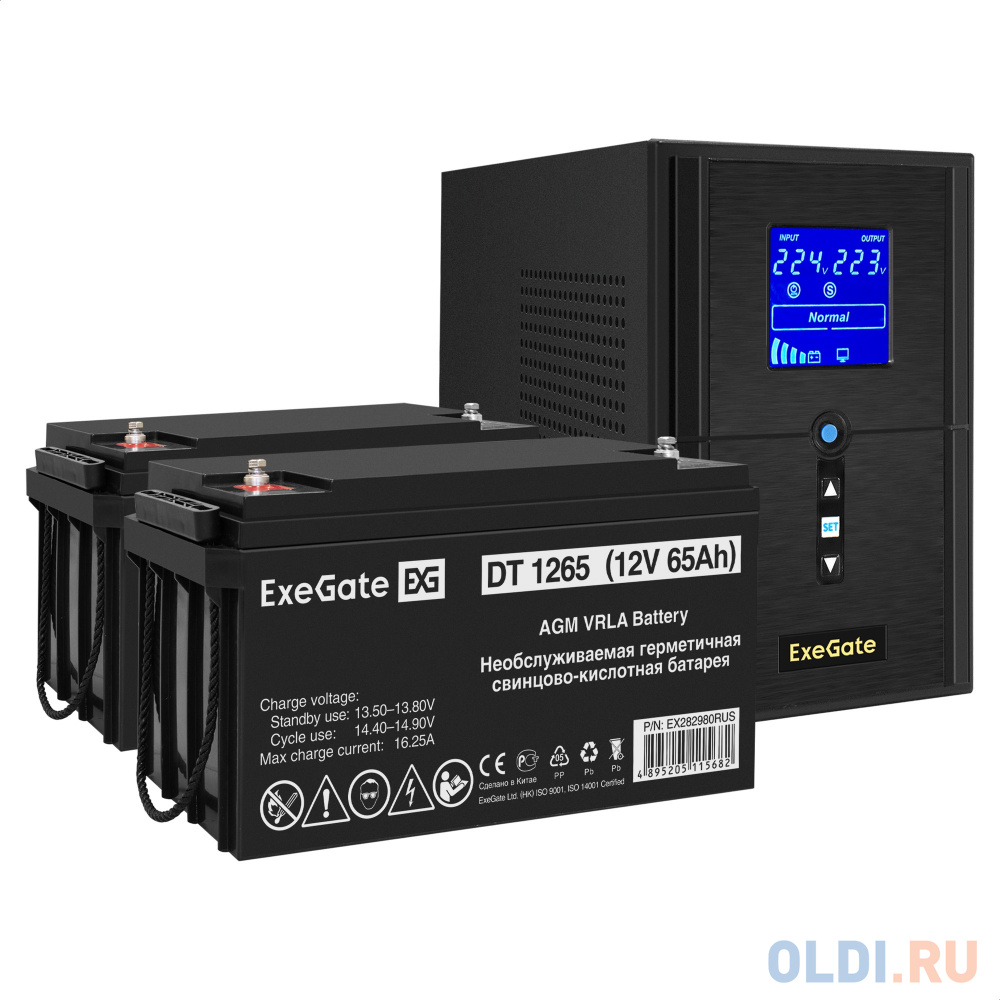 Комплект ИБП EX295987RUS + батарея 65Aч EX282980RUS 2шт (инвертор, синус, для котла) ExeGate SineTower SZ-1000.LCD.AVR.2SH.1C13.USB <1000VA/800W, ч EX296798RUS - фото 1