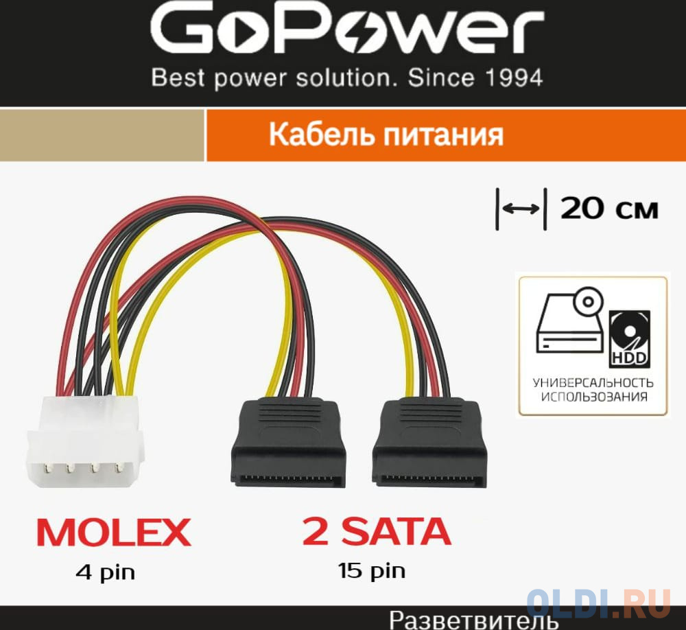 Кабель GoPower MOLEX (f)-2SATA (m) 0.2м PVC RoHS (1/500) - 00-00027494