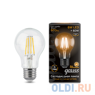 Лампа светодиодная GAUSS 102802106  LED Filament А60 Е27 6Вт 2700к 1/10/40 - фото 1