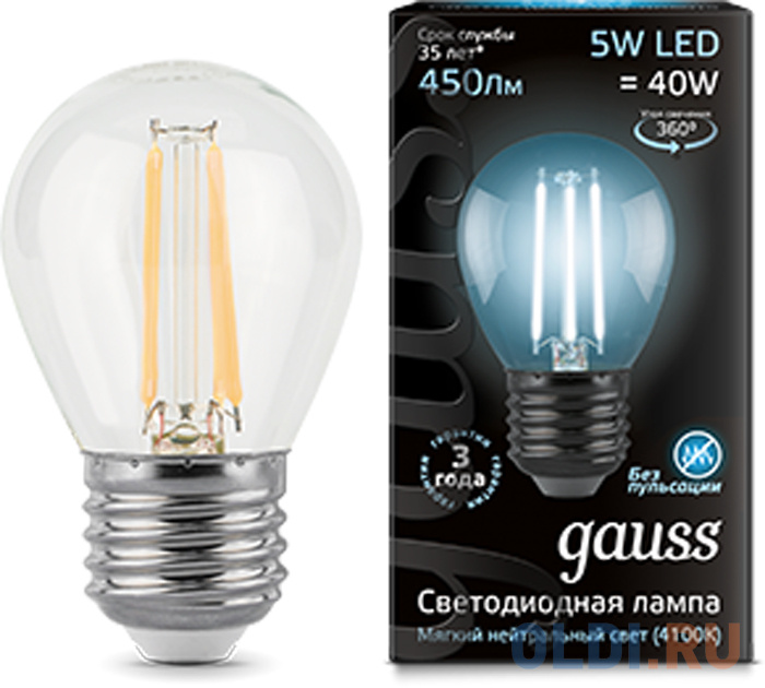Лампа светодиодная GAUSS 105802205 LED Filament globe Е27 5Вт 4100k 1/10/50 лампа светодиодная gauss 1340112 e27 g95 6 5вт