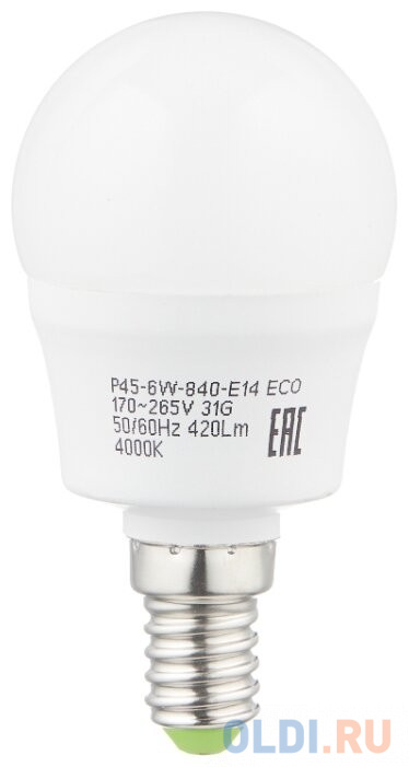 

Лампа светодиодная ЭРА LED smd Р45-6w-840-E14 ECO (10/100/3000