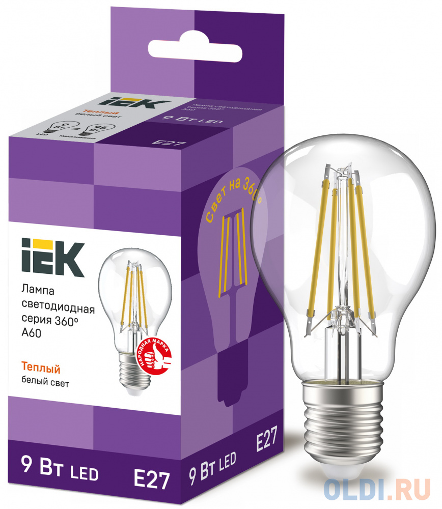 Iek LLF-A60-9-230-30-E27-CL Лампа LED A60 шар прозр. 9Вт 230В 3000К E27 серия 360° от OLDI