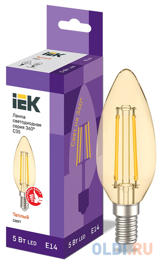 Iek LLF-C35-5-230-30-E14-CLG Лампа LED C35 свеча золото 5Вт 230В 2700К E14 серия 360°