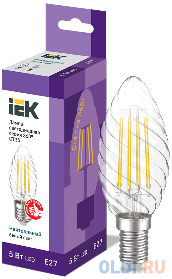 

Iek LLF-CT35-5-230-40-E27-CL Лампа LED CT35 свеча вит. 5Вт 230В 4000К E27 серия 360°