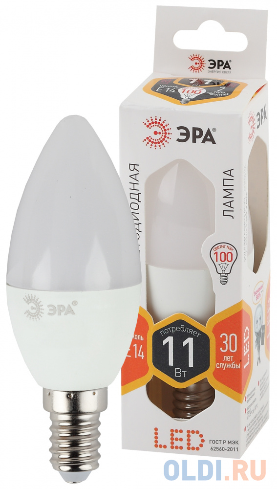 

ЭРА Б0032980 Светодиодная лампа свеча LED B35-11W-827-E14 ЭРА (диод, свеча, 11Вт, тепл, E14) (10/100/3500)