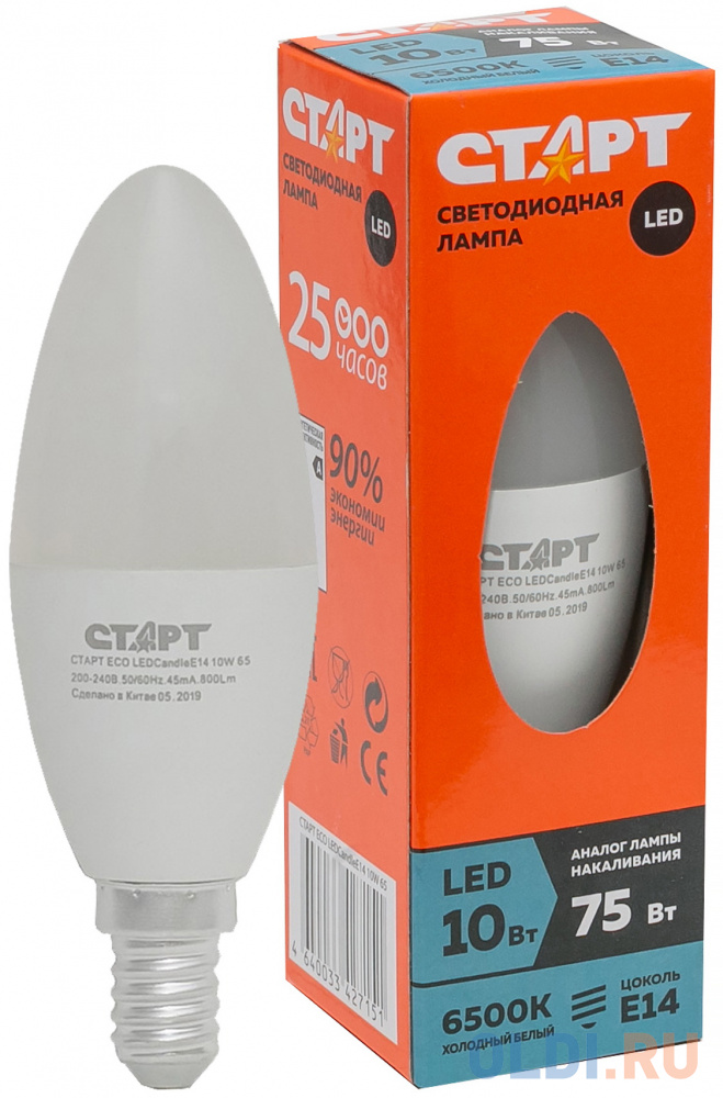 

СТАРТ (4640033427113) Светодиодная лампа ECO LEDCandleE14 10W 27 10/100