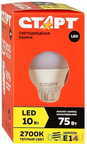 СТАРТ (4640033427298) Светодиодная лампа ECO LEDSphereE27 10W 27 10/100 старт 4680024812047 светодиодная лампа eco ledspheree14 7w 40 10 100