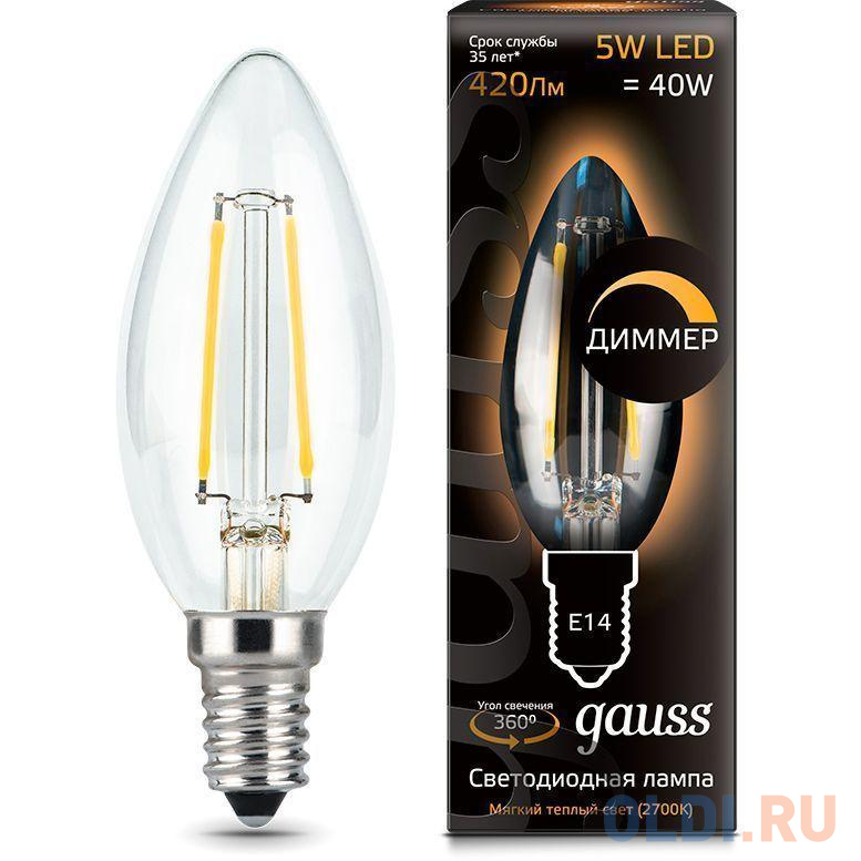 Фото - Лампа GAUSS 103801105-D led filament candle dimmable e14 5w 2700к 1/10/50 лампа gauss led filament свеча на ветру e14 5w 420lm 4100k golden 1 10 50