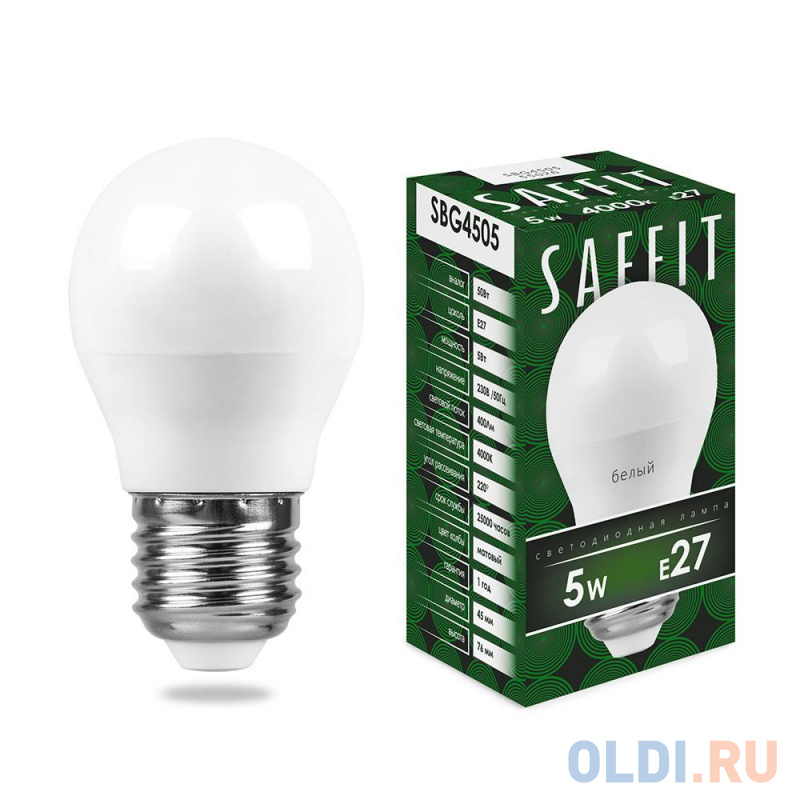 

Лампа светодиодная шар Saffit SBG4505 E27 5W 4000K 55026
