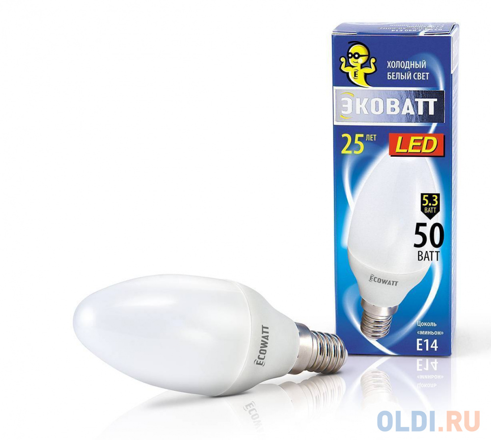 

Лампа светодиод. ECOWATT B35 230В 5.3(50)W 4000K E14 (миньон) холодный белый свет свеча