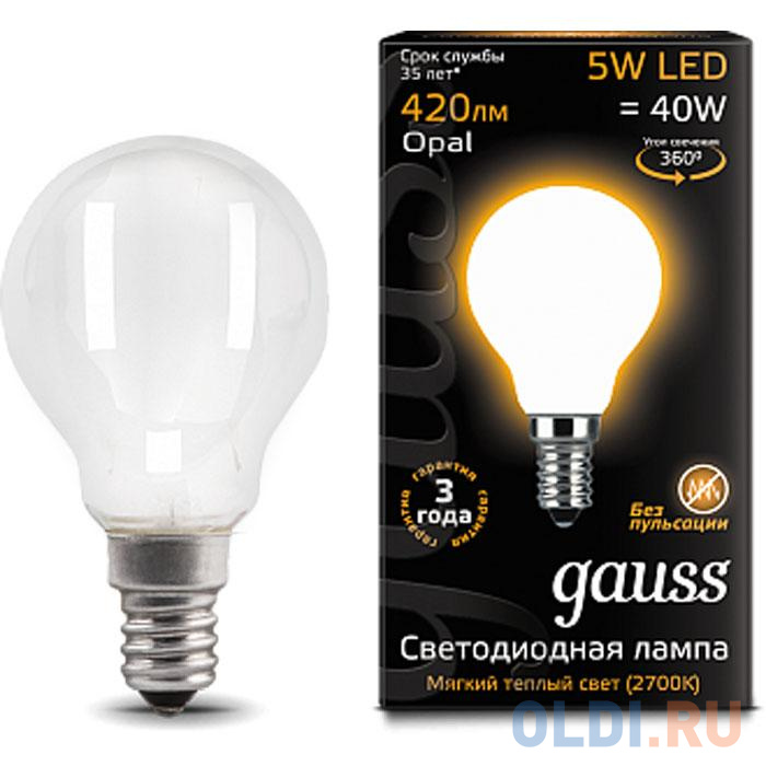 Лампа светодиодная GAUSS 105801105 LED Filament globe Е14 5Вт 2700k 1/10/50 лампа светодиодная gauss 1340112 e27 g95 6 5вт
