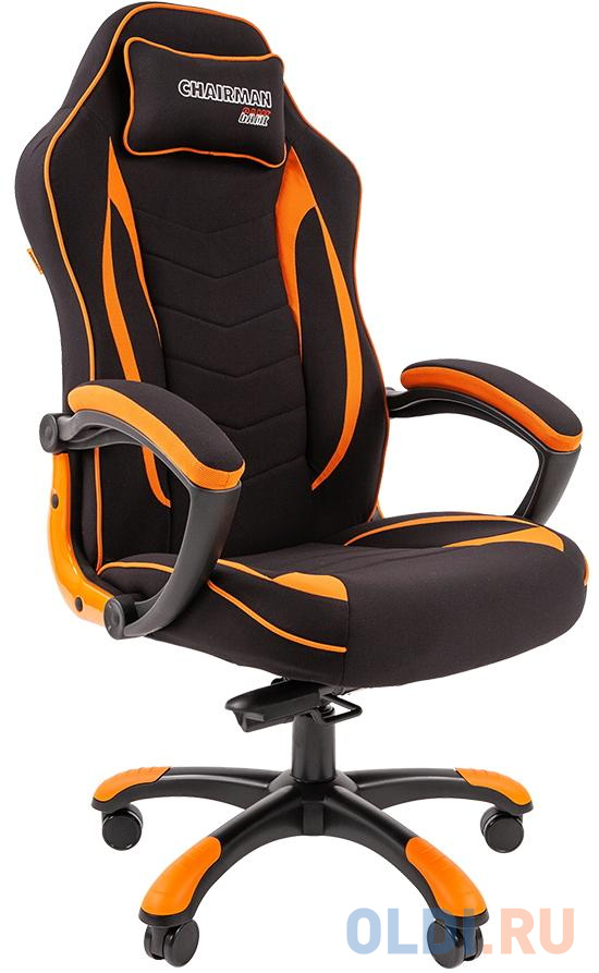 Игровое кресло Chairman game 28 чёрное/оранжевое (ткань, пластик, газпатрон 3 кл, ролики, механизм качания) игровое кресло warp xn чёрное карбон экокожа алькантара регулируемый угол наклона механизм качания