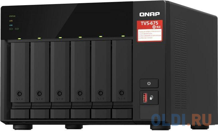 SMB QNAP TVS-675-8G NAS, 6-tray w/o HDD, 2xM.2 SSD Slot, 1xHDMI-port. CPU 8-ore 64-bit x86 KX-U6580 2.5 GHz , 8GB DDR4 (1 x 8GB) up to 64GB (2 x 32GB