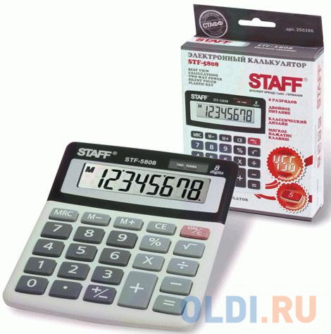 Калькулятор настольный STAFF STF-5808, КОМПАКТНЫЙ (134х107 мм), 8 разрядов, двойное питание, 250286 от OLDI