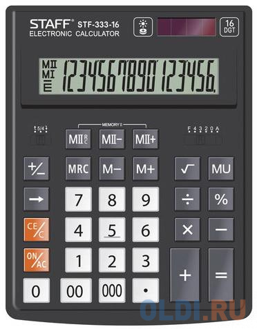 Калькулятор настольный STAFF PLUS STF-333 (200x154 мм), 16 разрядов, двойное питание, 250417 калькулятор инженерный staff stf 165 10 разрядный 250122