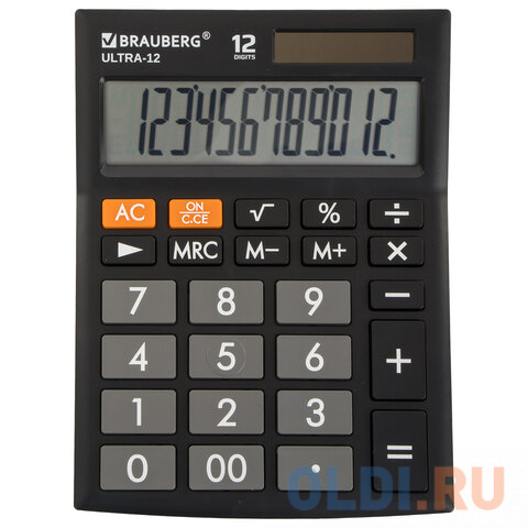 Калькулятор настольный BRAUBERG ULTRA-12-BK (192x143 мм), 12 разрядов, двойное питание, ЧЕРНЫЙ, 250491 - фото 1