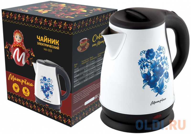 ЧАЙНИК ЭЛЕКТР. "МАТРЁНА" MA-003 1,7 Л (1/12) СТАЛЬ (БЕЛЫЙ, ГЖЕЛЬ)