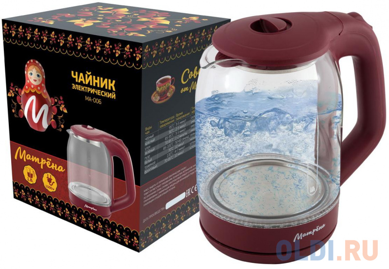 

ЧАЙНИК ЭЛЕКТР. "МАТРЁНА" MA-006 1,8 Л (1/12) СТЕКЛО, ПЛАСТИК (ВИШНЕВЫЙ)