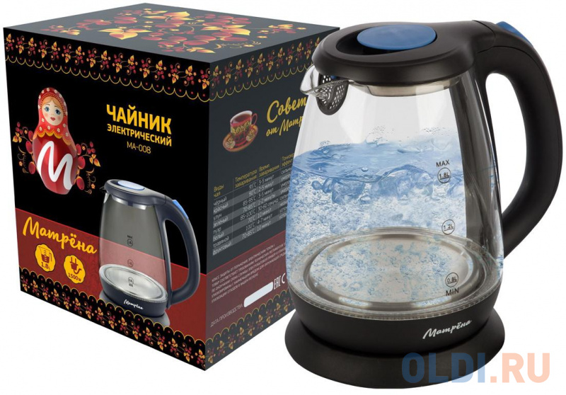 

ЧАЙНИК ЭЛЕКТР. "МАТРЁНА" MA-008 1,8 Л (1/12) СТЕКЛО, ПЛАСТИК (ЧЕРНЫЙ)