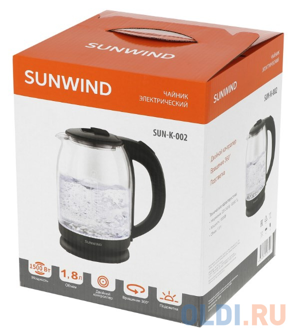 Чайник электрический SunWind SUN-K-002 1.8л. 1500Вт прозрачный/черный (корпус: стекло) фото