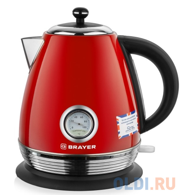 BRAYER 1007BR-RD Электрический чайник BRAYER , 2200 Вт, 1,7 л, Strix, автоотключ, нержав.сталь, встроен.терм, цвет красный - фото 1