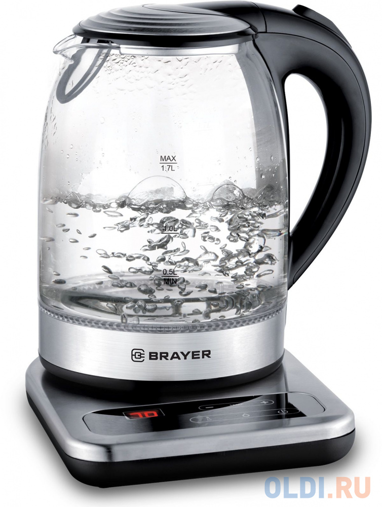 1003BR Электрический чайник BRAYER, 1,7 л, стекл., подставка, 40-100 °С, Под. t, подсветка, черн. фен brayer br3000bn 2200вт чёрный