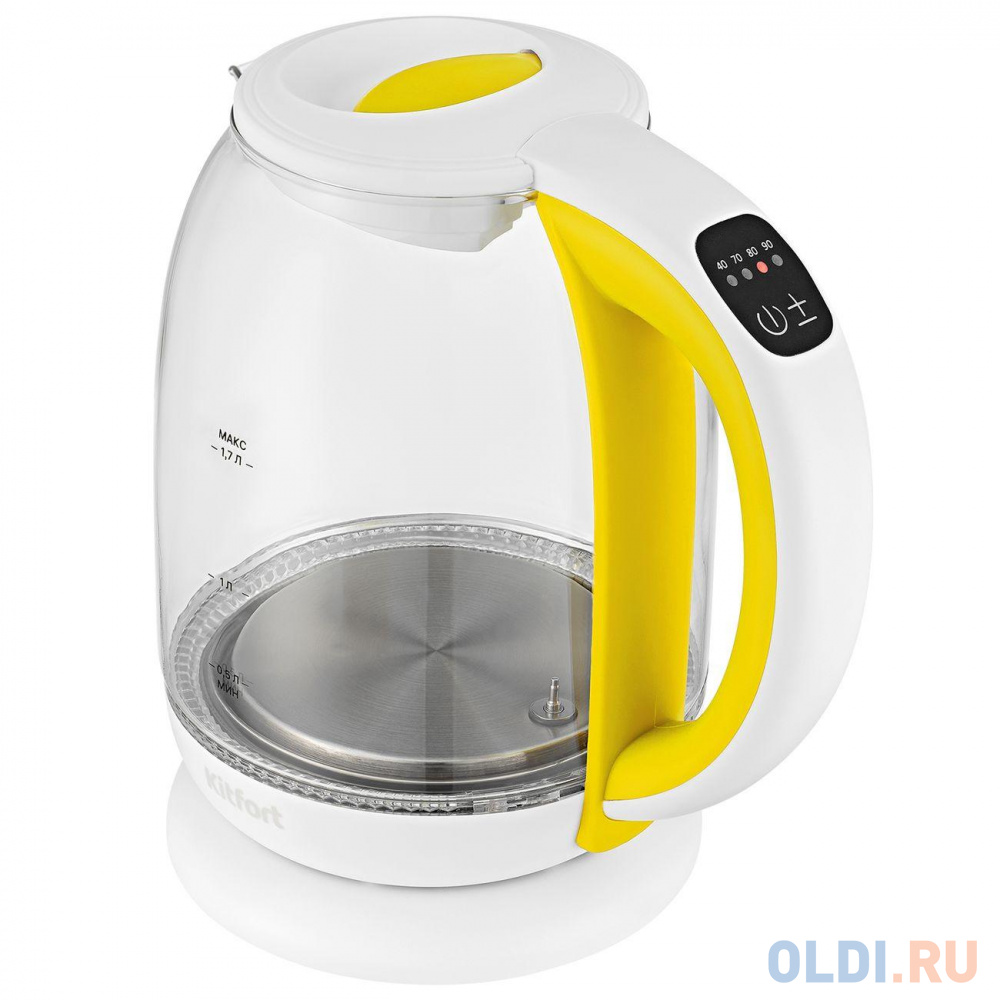 Чайник электрический KITFORT КТ-6140-5 2200 Вт жёлтый белый 1.7 л пластик/стекло, цвет белый/желтый - фото 2